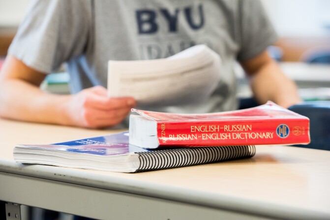 The desk of a student in Brother Brian Felt's Advanced Russian class.