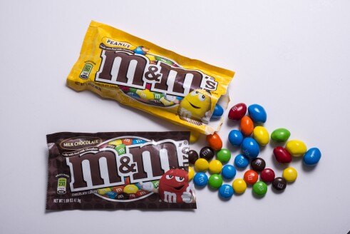 Bags of peanut M&M's and original M&M's