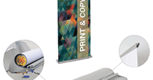 Image of the Majestic rolling poster stand with its base and two parts magnified for detail.