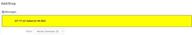 The image shows a selected course remains on the screen which gives the course number and the semester the course is registered for (for example, Winter 2023).