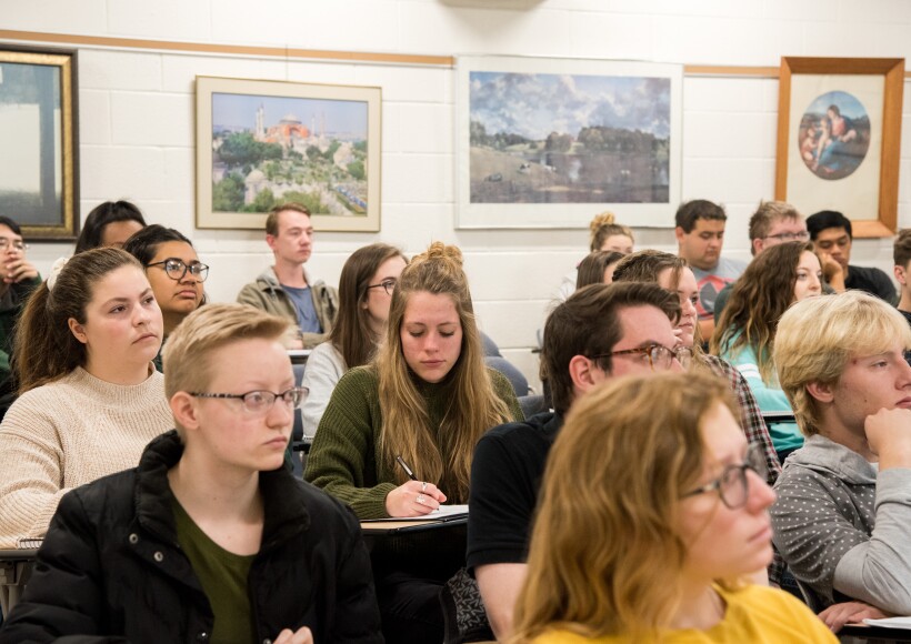 A group of BYU-Idaho students sitting in a Humanities class