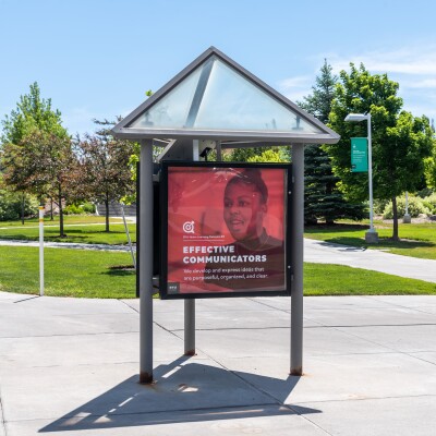 A picture of the campus sign outside of the I-Center and Manwaring Center