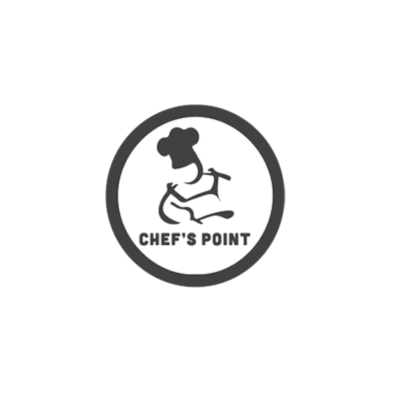 Chef's Point Logo "CHEF'S POINT" written in grey; cartoon, grey-colored outline of a chef holding a mixing spoon above words; white background and grey outline.
