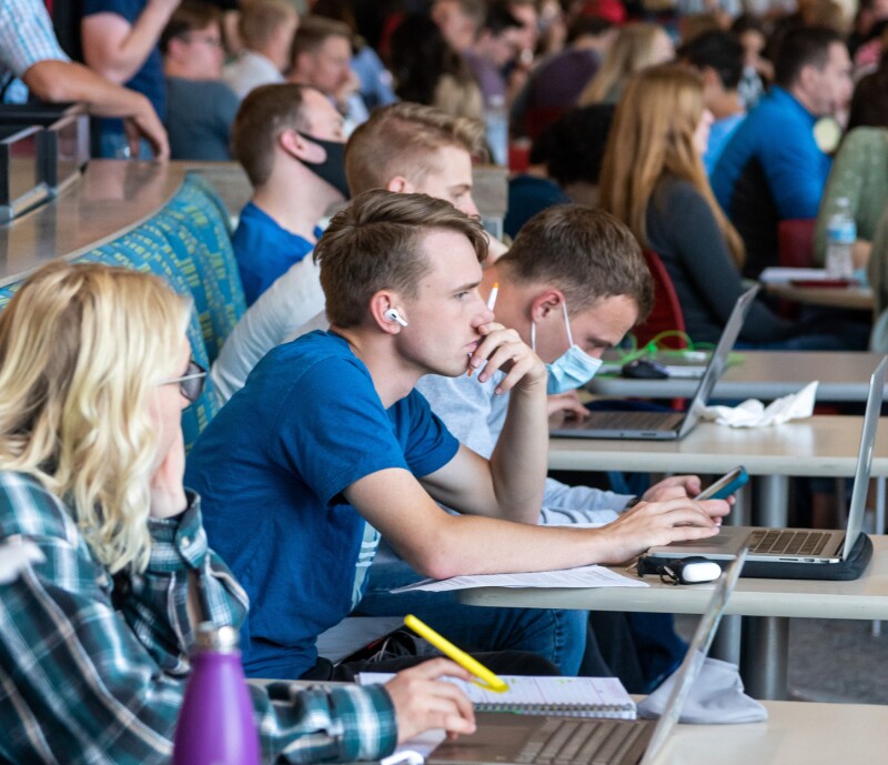 Students gathered together in the MC Crossroads to watch the first devotional of fall semester.