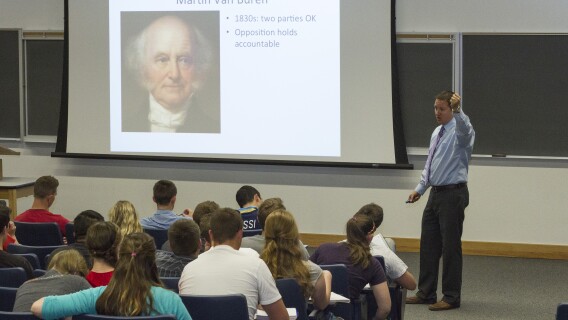 Brother Hyrum Lewis teaches American Foundations during the 2014 Spring Semester