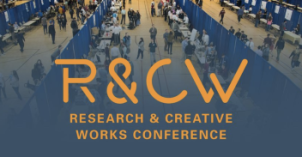 A poster displaying an aerial view of students at a conference with the words R&CW: Research & Creative Works Conference.