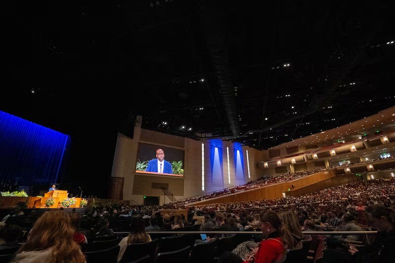 Students gather to the I-Center on BYU-Idaho campus in Rexburg, Idaho, to hear a devotional message from Elder Kevin G. Brown, a General Authority Seventy, on Tuesday, May 13, 2025.