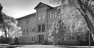 Black-and-white photo of the original Jacob Spori Building.