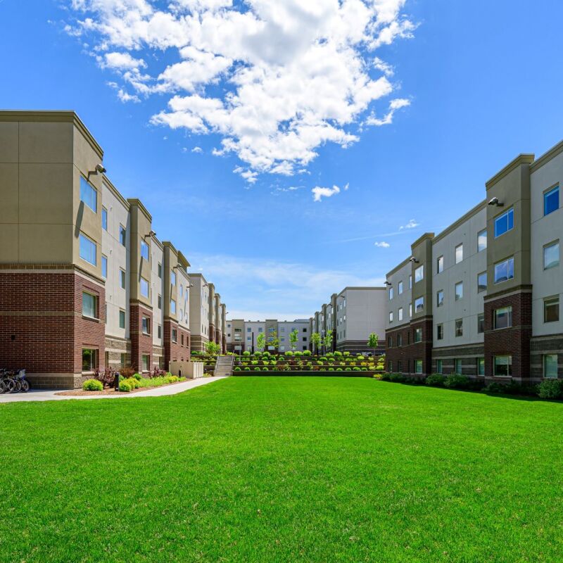 Image of the lower field at Centre Square apartments, the on-campus housing for BYU-I students