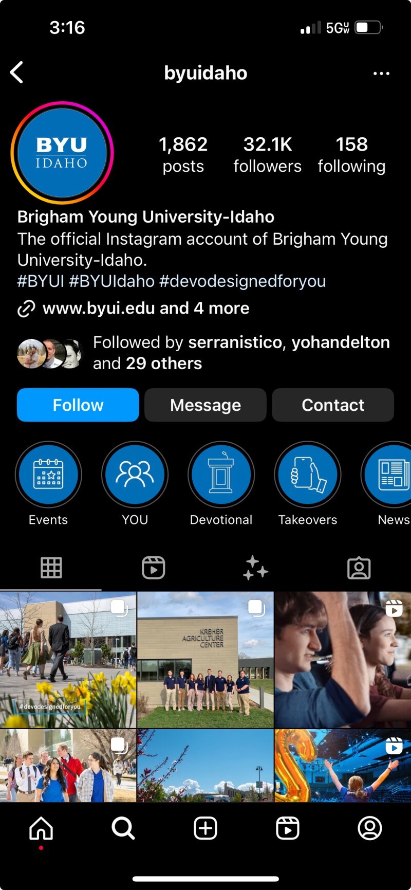 A screenshot of the BYU-Idaho Instagram account
