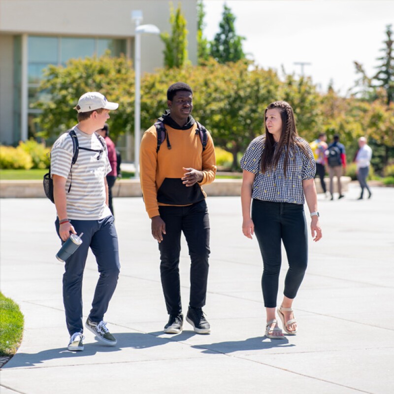 A trio of students chat on campus