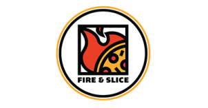 Fire And Slice Logo "FIRE & SLICE" written in bold black; boxed cartoon drawing of the edge of a pizza with red flames coming underneath; white background with black and orange outlines.