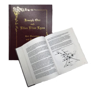 A hardbound book of family history that reads "Joseph Orr and Ellen Elian Lyon." The book is also displayed on an opened page.
