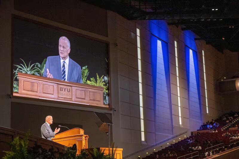 Elder David P. Homer, a General Authority Seventy, addresses BYU–Idaho students May 20, 2025, at campus devotional in Rexburg, Idaho.