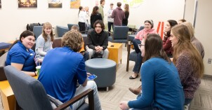 Students in the Mentor Hub. The Mentor Hub helps with the success of new students on campus.