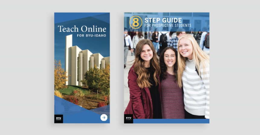 Two examples of approved off-campus advertising display a Teach Online poster and an 8-Step Guide poster. Both examples have different designs, but use of color, logo placement, and fonts allow the posters to feel like they are both from the same organization.
