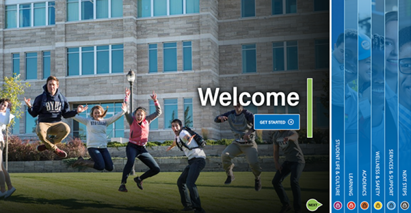 Students jumping in front of the Spori building, excited to start school at BYU-Idaho