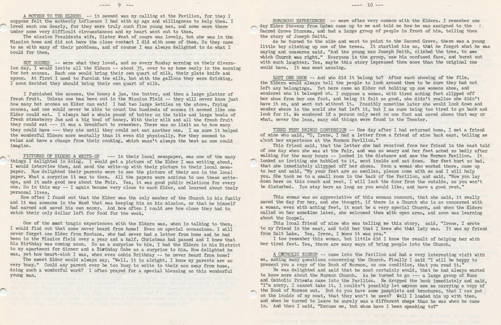 Pgs.9&10-Remembrances of the Mormon Pavilion- A Mother to the Elders, Hot Scones, Pictures of the Elders and a Writeup, Humorous Experiences, Lost One Shoe, Tired Feet Brings Conversion, A Catholic Bishop.jpg