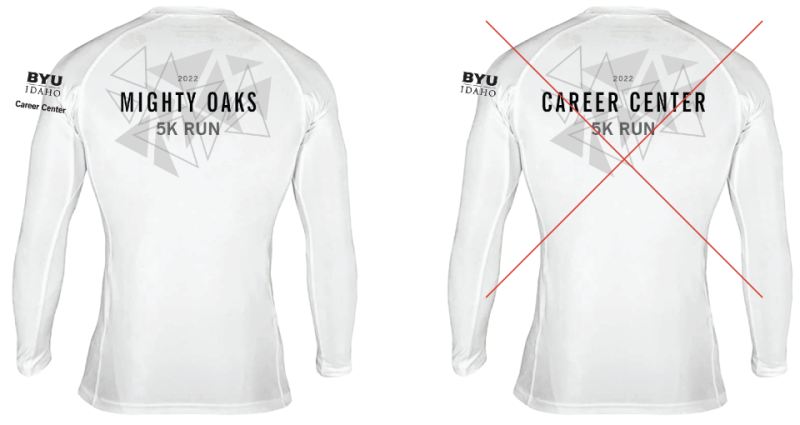 Acceptable branding placement of department logo on the sleeve of a shirt with artwork on the back. In an acceptable branding placement example, the shirt appears again with the BYU-Idaho logo on the left sleeve but the department name combined with the artwork on the back.