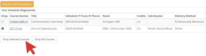 The image displays a list of registered courses. A small square is located on the left of each course line. Select a course to be dropped by clicking the square next to the course. The square will fill in with a check mark. Once all desired courses to drop are selected, click the Drop Selected Courses button on the bottom left side of the screen.