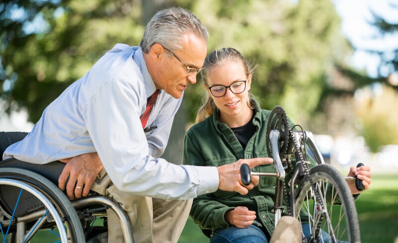 A BYUI therapeutic recreation class rides adaptive bicycles in Porter park during the fall 2021 semester.