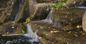 Water flows gently over rocks  in a garden setting in the Thomas E. Ricks Gardens at BYU-Idaho.