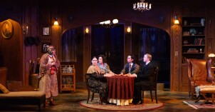 Drama dress rehearsal for the Blithe Spirit play in the Snow theater.