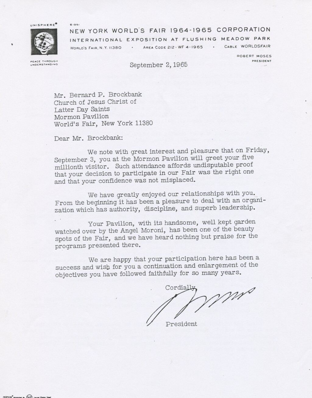 Letter from Robert Moses, President of the NY World's Fair