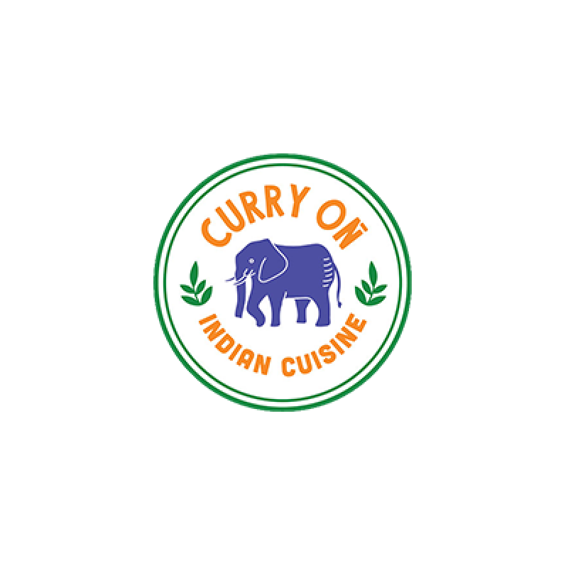 Curry On Logo "CURRY ON INDIAN CUISINE" written in orange; purple cartoon elephant centered with words surrounding it; two green leaves on each side of elephant; white background with green outline.