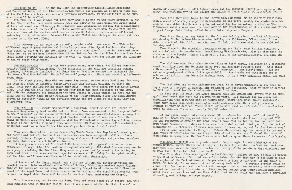Pgs.3&4-Remembrances of the Mormon Pavilion- Opening Day, The Missionaries, The Pavilion, The Book of Mormon