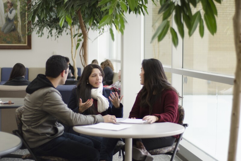 A group of students interact in the Ricks.