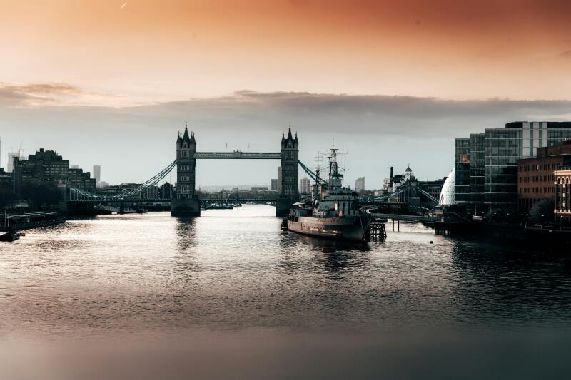 A photo of London's Tower Bridge taken at sunrise