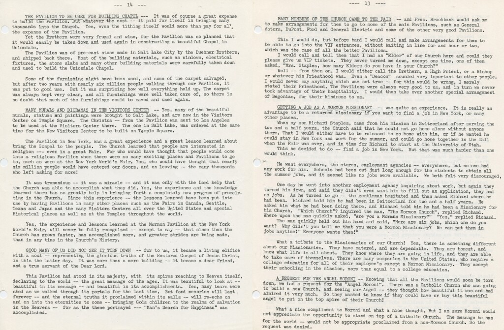 Pgs.13&14-- Members of the Church Came to the Fair, a Job as a Mormon Missionary, Request for the Angel Moroni, Pavilion to be Used For Building Chapel, Many Murals & Dioramas In Visitors Center, Many of Us Did