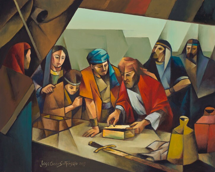 Lehi Reads the Brass Plates, Oil, 2019