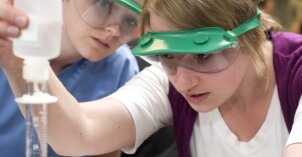 In a Chemistry 105 Lab two students calculate the volume and density of substances.
