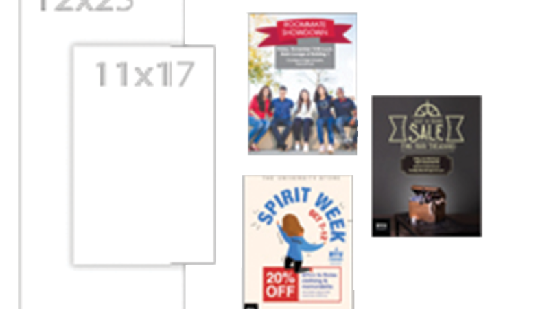 Three examples of designed posters and two boxes with sizes 12 inches by 25 inches and 11 inches by 17 inches.