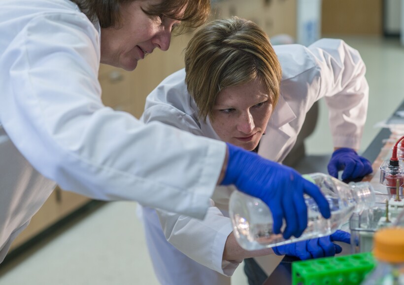 Adjunct Chemistry Instructor Jennifer Rawlinson working on her masters project in the Biology Lab in the Benson Building.