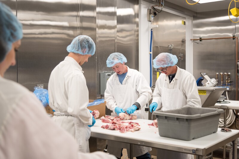 Students in the meat lab learn about how to work with pork.