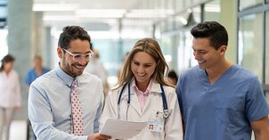 Three healthcare professionals looking at documents and smiling.
