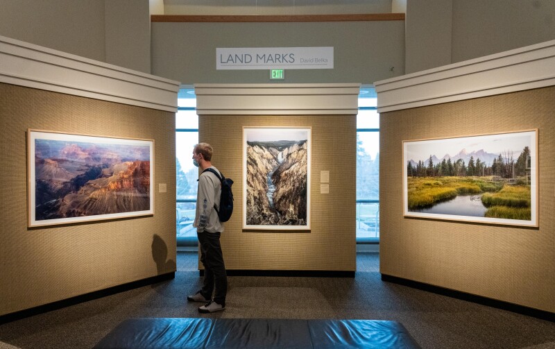 A student looking at different art pieces in the Spori Art Gallery