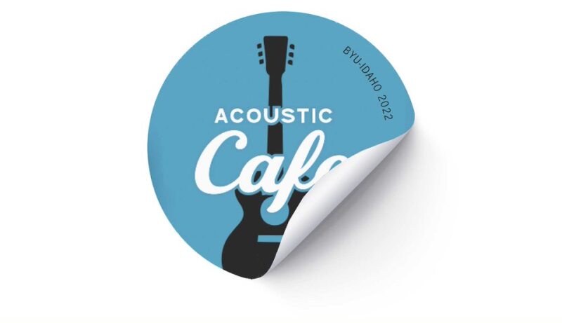 An image of a peeling sticker that displays a logo for Acoustic Cafe, BYU-Idaho 2022.