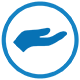 An icon of a circle with an open hand in the form of giving or receiving, representing self-help workshops.