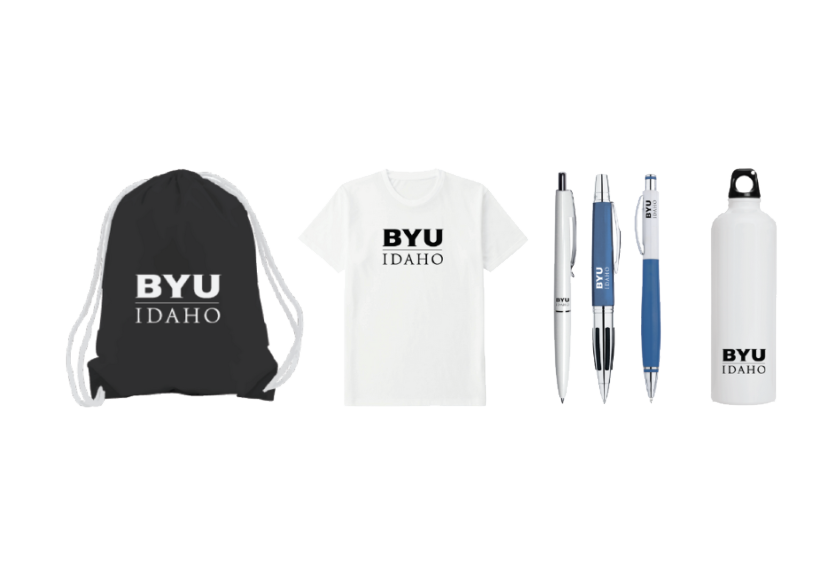 BYU-Idaho merchandise - a draw string bag, white t-shirt, pens and water-bottles.