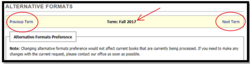 A screenshot of alternative formats for e-text has the words previous term circle on the left, term: Fall 2017 with an arrow pointing to it in the middle of the screenshot, and the words next term circled on the right side of the image.