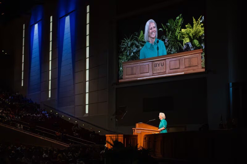 Sister Nancy D. Homer addresses BYU–Idaho students May 20, 2025, at campus devotional in Rexburg, Idaho.