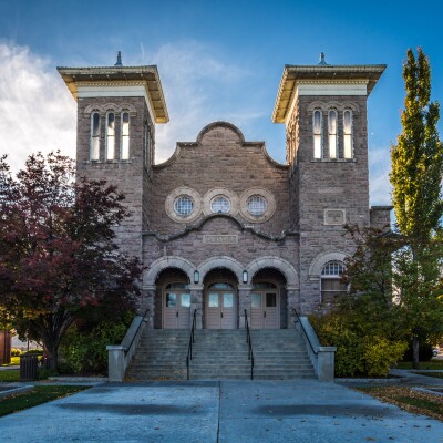 A front view of the Rexburg Tabernacle, looking west.