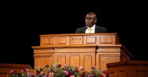 Elder I. Raymond Egbo speaking to students in the BYU–I Center on June 24, 2025, on the BYU-Idaho campus in Rexburg, Idaho.