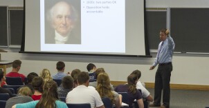 Brother Hyrum Lewis teaches American Foundations during the 2014 Spring Semester