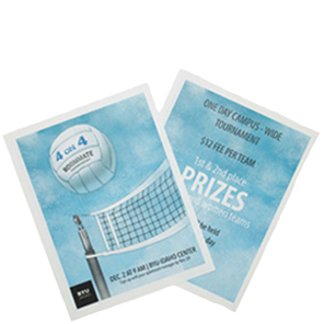 Two examples of printed flyers featuring a roommate volleyball tournament at the BYU-Idaho Center with prizes.