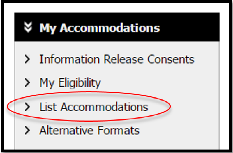 A screenshot of the My Accommodations options with the choice of List Accommodations circled.